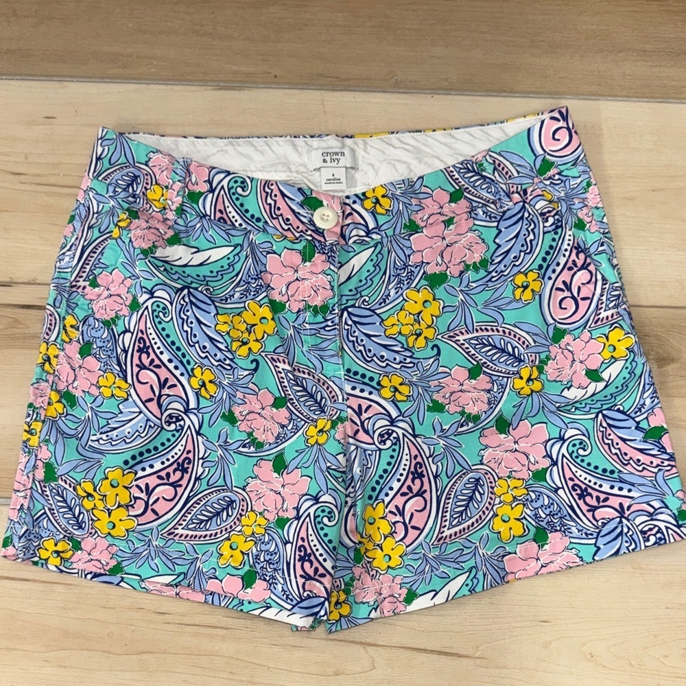 crown & ivy Paisley Floral Cotton Shorts - Pink, Yellow, Aqua